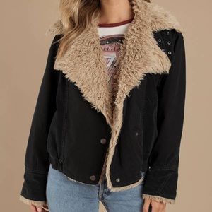NWT Free People OWEN faux fur bomber jacket black size L